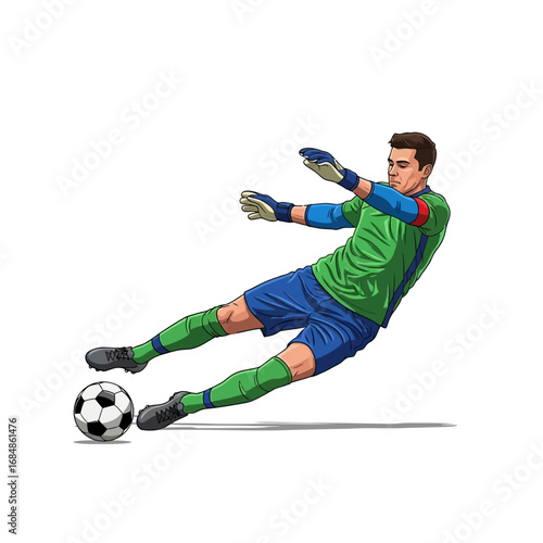 Dynamic soccer goalkeeper dives to make a crucial save with intense focus and athletic prowess, capturing the thrill of the game