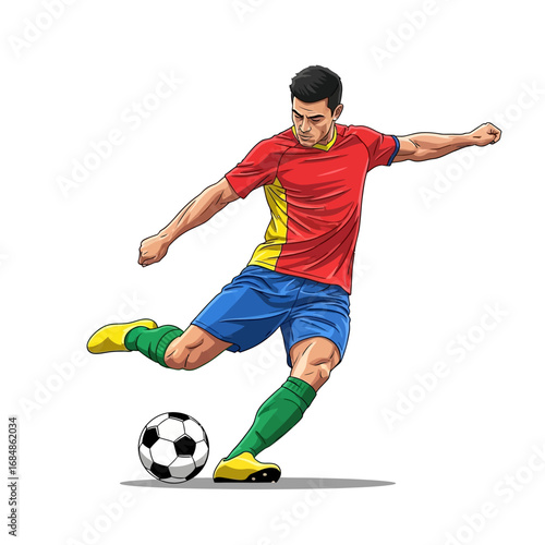 Dynamic soccer player executes a powerful kick, showcasing athletic skill and competitive spirit on a clean background for sports promotion.