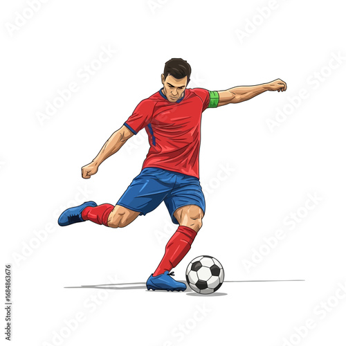 Dynamic footballer powerfully kicks ball during intense match capturing victory and athletic prowess with focused determination