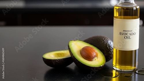 Premium avocado oil bottle with fresh avocados, showcasing healthy, natural ingredients for culinary use.