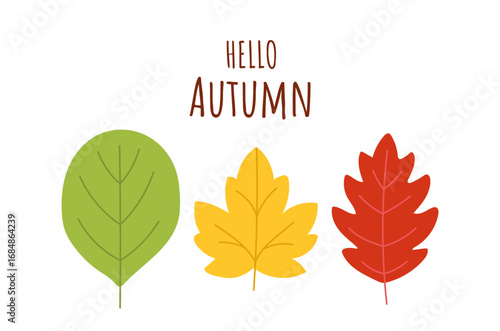 Minimalist hello autumn illustration with three leaves in green, yellow, and red isolated on white background. Beauty of fall, cozy season