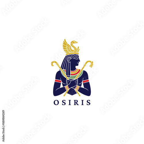 engraved illustration of Osiris, the ancient Egyptian god, holding a crook and flail vector template