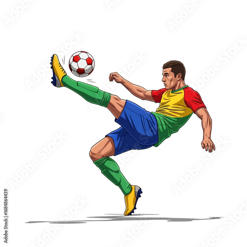 Dynamic soccer player executes a powerful bicycle kick with incredible athleticism and focus on the ball