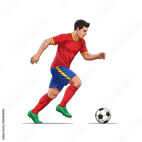 Dynamic footballer skillfully dribbling a soccer ball on a clean white background, capturing athletic action