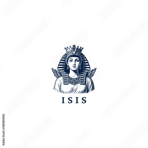 engraved illustration of Isis, the ancient Egyptian goddess of motherhood. vector template