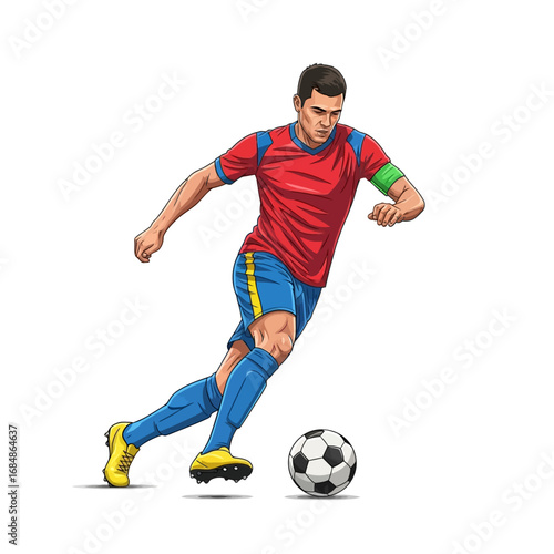 Dynamic soccer player skillfully dribbles ball during intense match action, capturing athletic passion and competitive spirit.