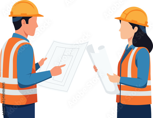 Two construction workers, a man and a woman, review building plans while wearing hard hats and safety vests.