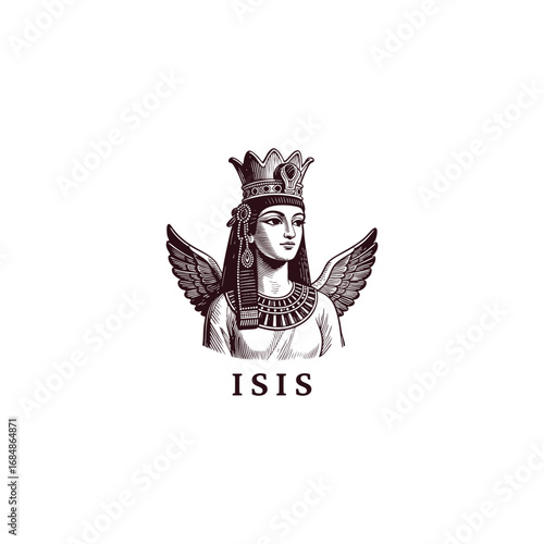 engraved illustration of Isis, the ancient Egyptian goddess of motherhood. vector template