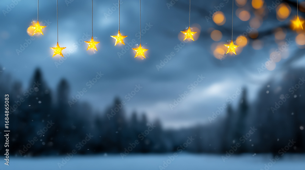 Fototapeta premium Glowing star-shaped lights hang against a blurred, snowy forest background at dusk, creating a warm and festive atmosphere with soft falling snowflakes