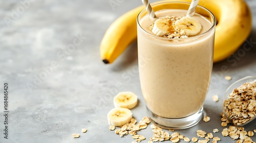 Glass of tasty banana smoothie with oatmeal on light grey table