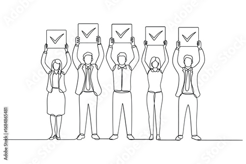 People holding signs with checkmarks indicating agreement or success
