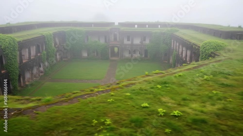 Ancient fort overgrown with moss and grass during foggy weather. Architecture, building, travel, nature, landmark, tourism.