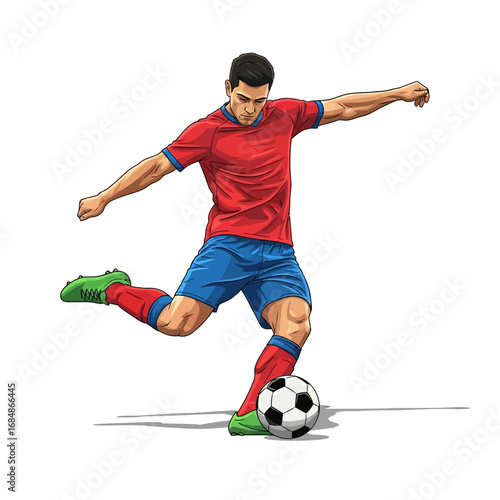 Dynamic athlete powerfully kicks soccer ball during intense match, showcasing athleticism and competitive spirit