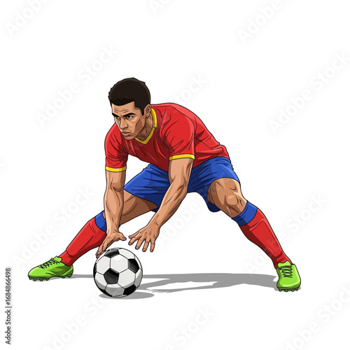 Dynamic soccer player skillfully dribbles ball, showcasing athleticism and intense focus on a clean white background