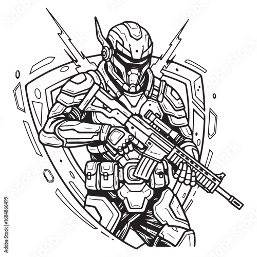 Futuristic Armored Soldier Holding a Rifle with an Energetic Background Illustration