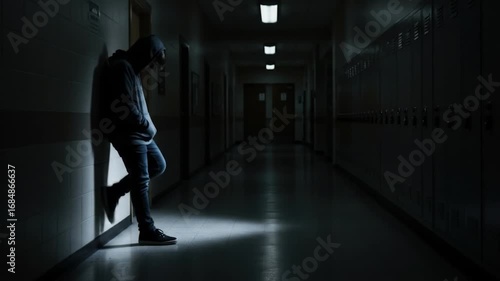 Hooded figure stands alone in dimly lit corridor representing depression and isolation