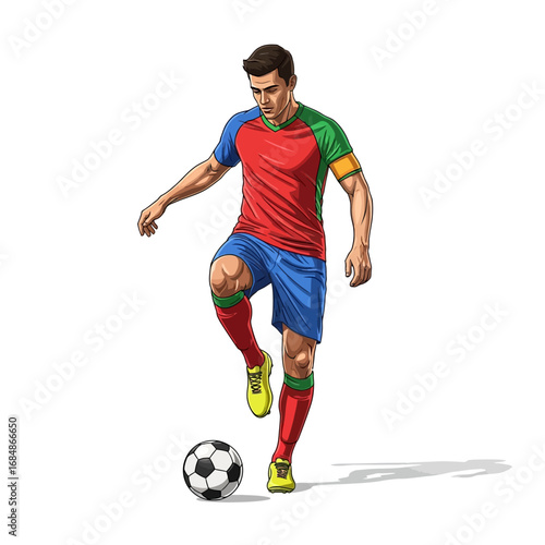 Dynamic soccer player skillfully dribbles ball in vibrant athletic uniform, capturing intense action and athletic prowess