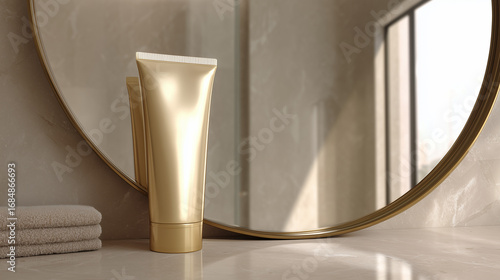 gold facial wash tube mockup in modern bathroom with photo realistic 3D mirror