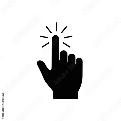 Simple black icon of a hand with a finger pointing and radiating lines indicating a click action