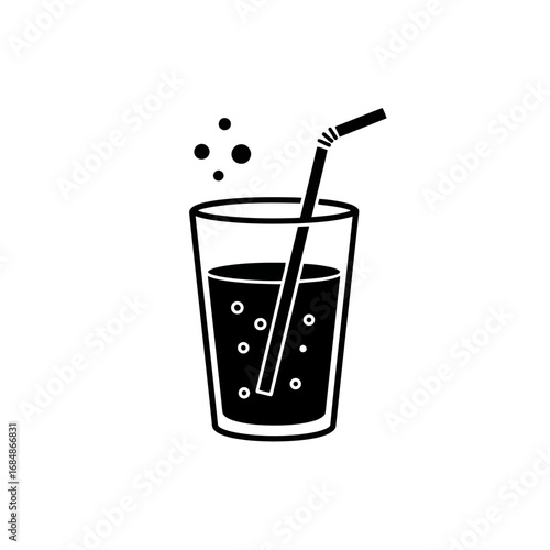 Minimalist outline of a glass with a straw and bubbles on a black background