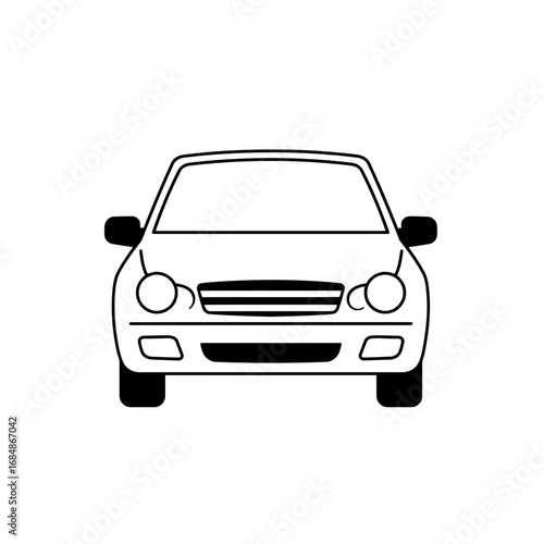 Front view of a white car icon with a black background simple line art style
