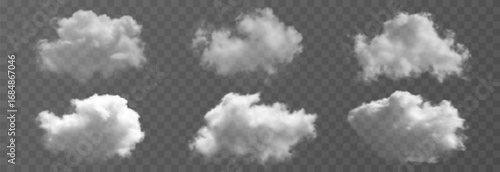 Set of realistic white clouds png. White cloud, smoke or fog on transparent background. Element of nature png.