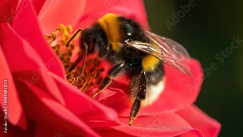 Close-up of a bumblebee pollinating red rose, gathering nectar and pollen in nature.