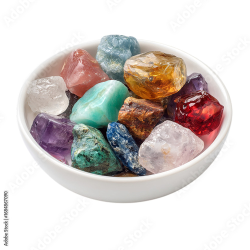 Collection of Colorful Gemstones white bowl on transparent background