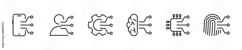 Obraz premium AI circuits icon set. technology symbol with ai circuits and brain, phone, gear, human, fingerprint and chip. Vector EPS 10