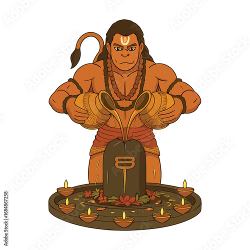 Hanuman Worshipping Shiva Vector – Devotional Hindu Scene in Minimalist Flat Style