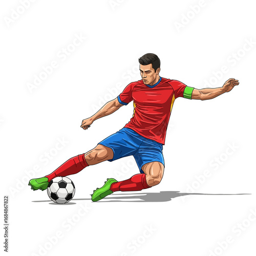 Dynamic soccer player skillfully kicks ball during intense match, showcasing athleticism and competitive spirit on the field