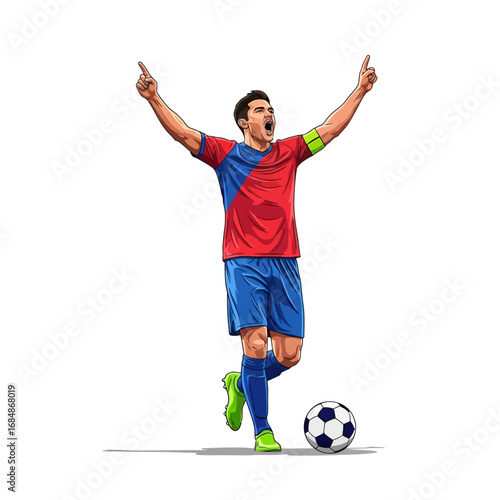 Triumphant football player celebrating victory with arms raised high, a true champion inspiring athletic achievement and passionate sportsmanship