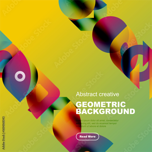 Vibrant geometric shapes overlap, creating colorful abstract background. Green dominates right side, text present below.
