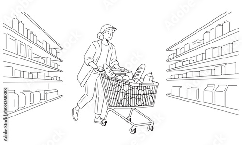 Person Pushing Full Shopping Cart Down Supermarket Aisle