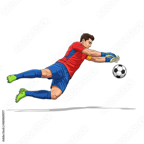 Dynamic soccer goalkeeper diving with intense focus to block the ball, showcasing athleticism, determination, and the thrill of sports competition