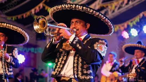 A mariachi musician plays a trumpet while other mariachi musicians perform. The mariachi musicians wear traditional costumes under festive lights and colorful decorations.