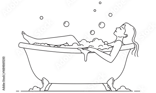 Relaxing Woman in a Bubble Bath Line Art Illustration