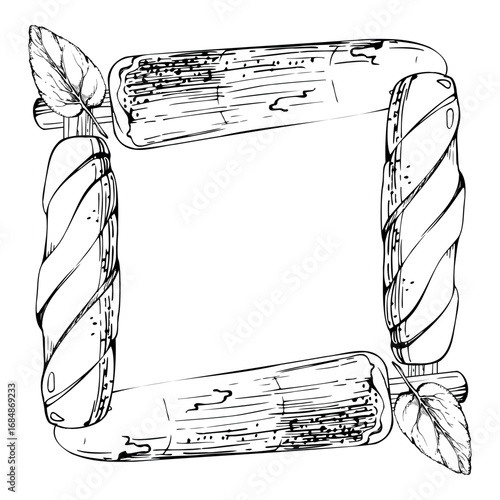 Creamy spiral and layered popsicle ice lolly, mint sprig and soft glaze, melting water droplets. graphic square frame illustration hand drawn in vector ink. Organic flavor combo, gourmet branding