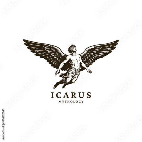 illustration of Icarus greek god mythology with his wings outstretched, looking towards the sun