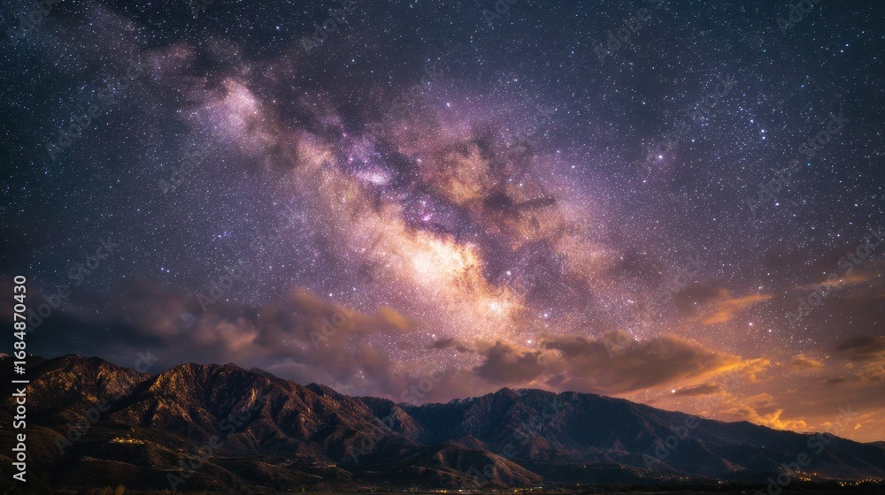 Naklejka premium Panorama of the Milky Way, with its ethereal glow illuminating the night sky above a majestic mountain range.