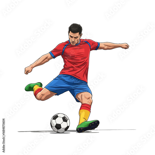 Dynamic soccer player kicking ball with power, perfect for sports marketing, team branding, or athletic achievement visuals in vibrant graphic design projects