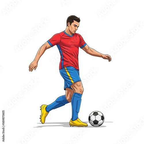 Dynamic soccer player skillfully dribbles ball during intense match, showcasing athletic prowess and competitive spirit on the field