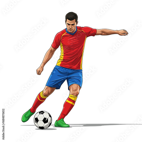 Dynamic soccer player skillfully kicking a ball, embodying athletic prowess and competitive spirit on the field.
