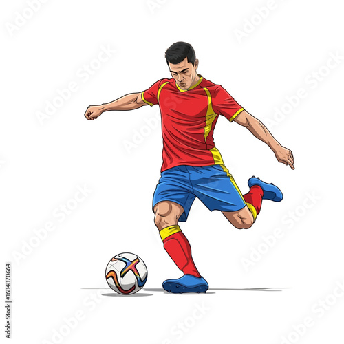 Dynamic soccer player striking the ball with power and precision in a vibrant sports illustration perfect for game day excitement and athletic achievement