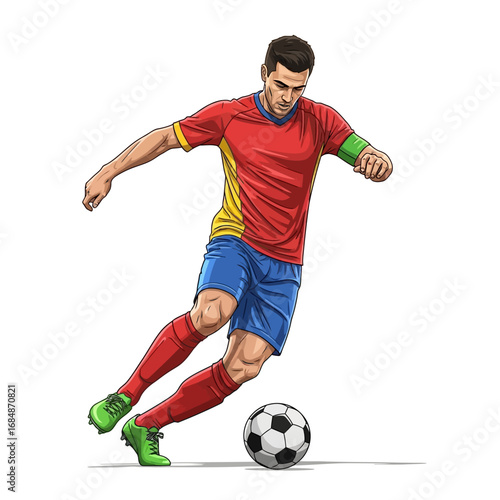Dynamic soccer player in action skillfully dribbling the ball with intense focus and athletic prowess on a clean white background