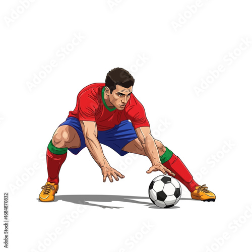 Dynamic footballer skillfully dribbles ball during intense match seeking victory on field