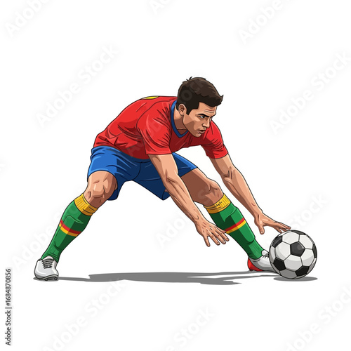Dynamic footballer skillfully dribbling a soccer ball with intense focus during a competitive match