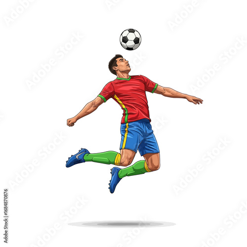 Dynamic soccer player leaps to head ball mid-air, showcasing athleticism and competitive spirit on white background