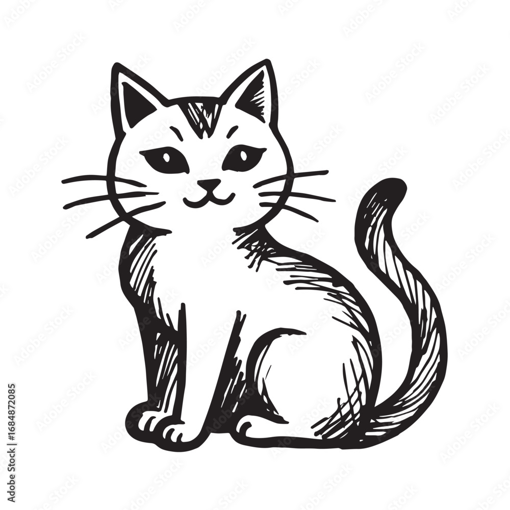 Obraz premium Cat Doodle Black and White Illustration Vector Image Cute Kitten Sketch Line Art Drawing Silhouette 