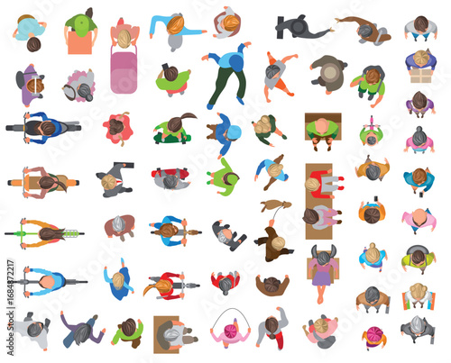 Top view of people of different genders and ages walking, standing, sitting on a couch, armchair, riding a scooter, bicycle, skateboard, motorcycle. View from above. Aerial. Colourful set of vectors.